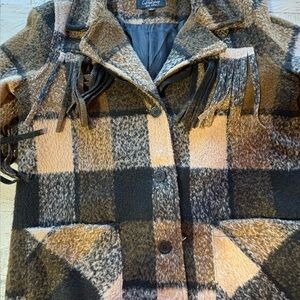 CoffeeShop Plaid Teddy Jacket with Fringe